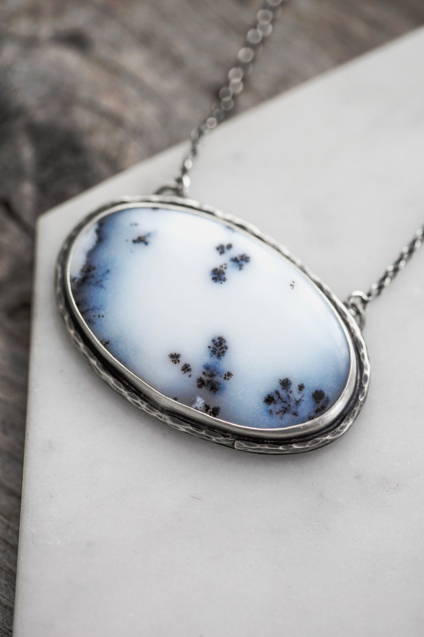 Large Winter Owl Necklace | Hammered Branch Border | #4