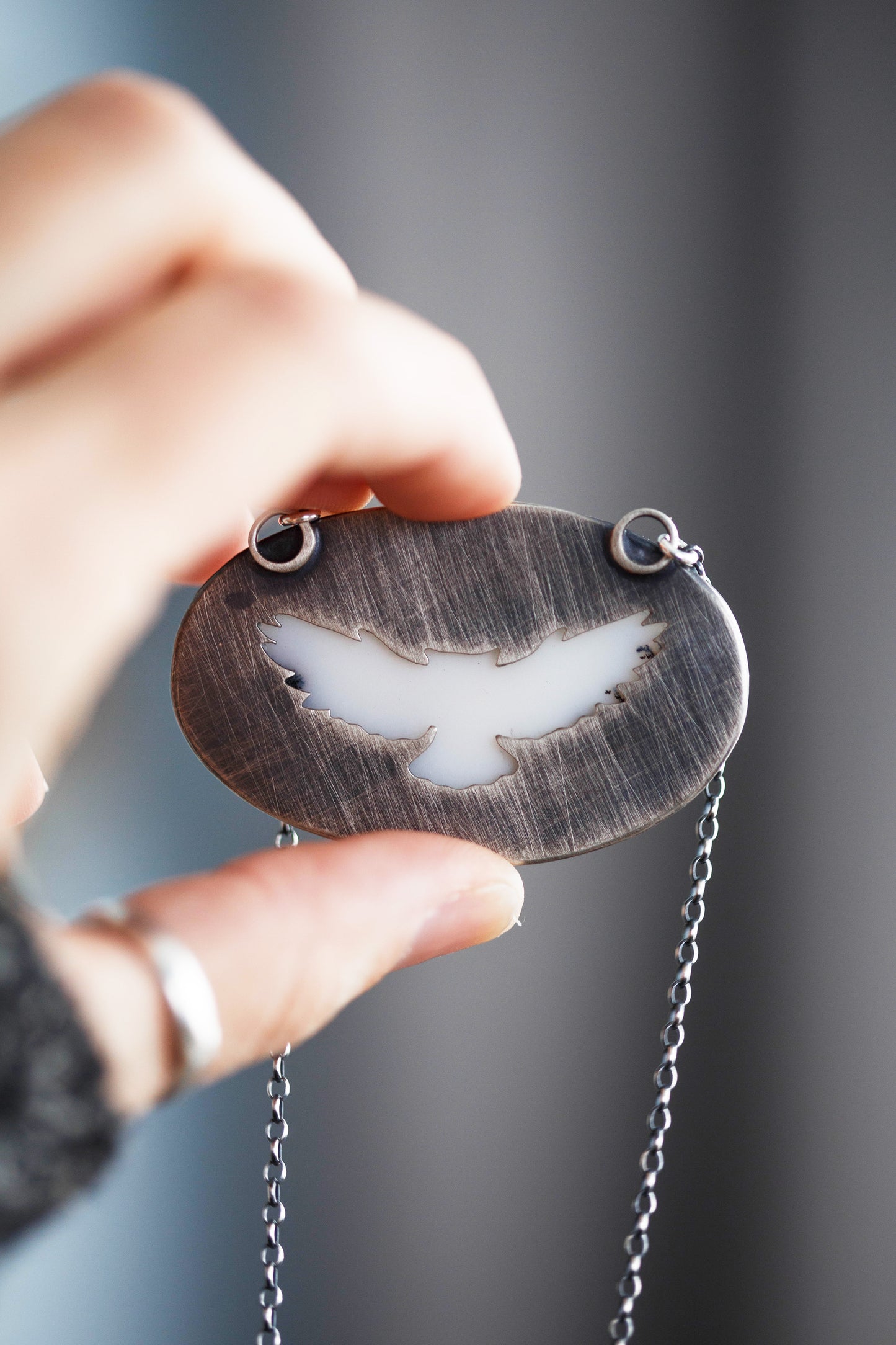 Large Winter Owl Necklace | Hammered Branch Border | #4