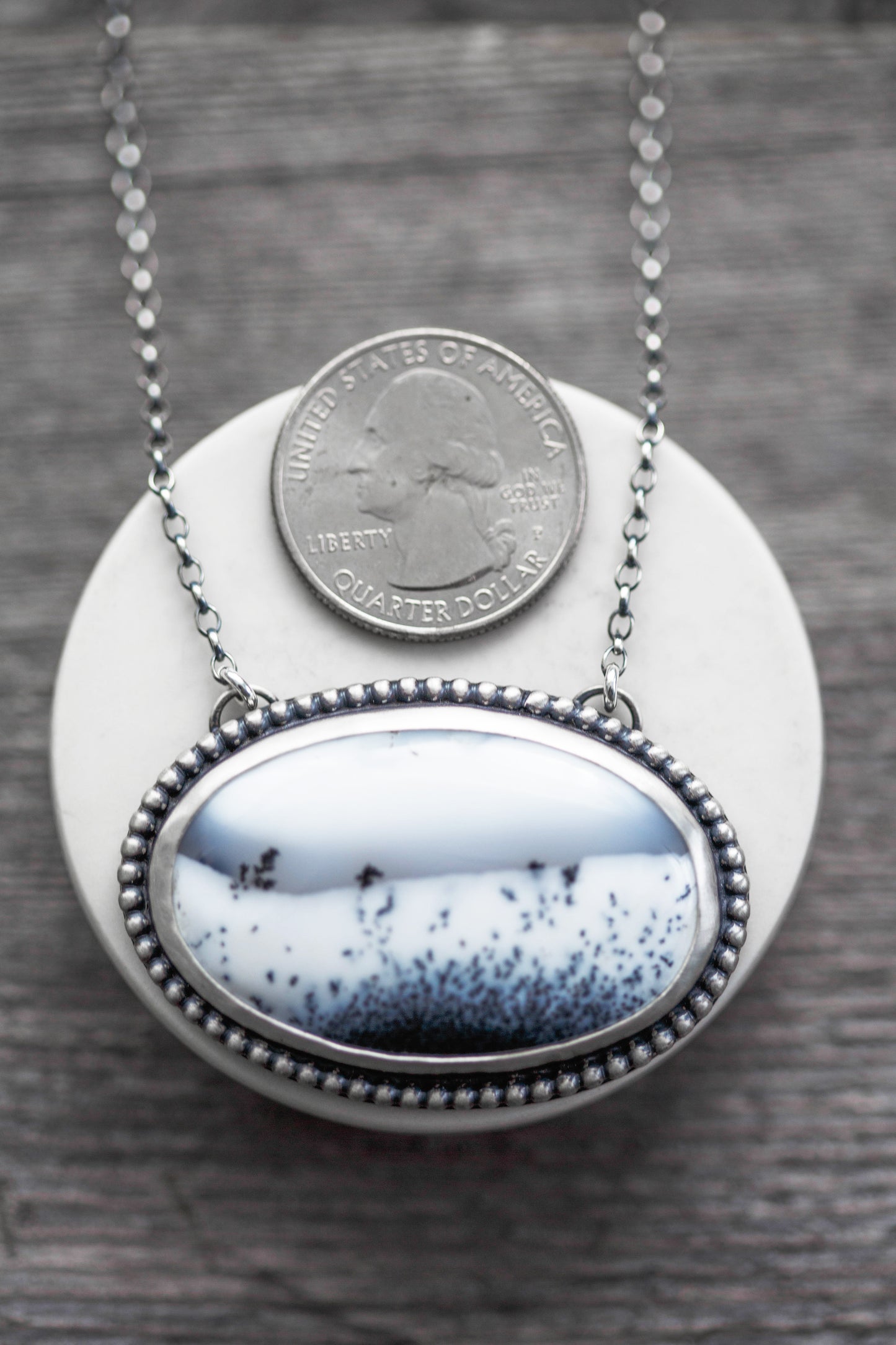 Medium Winter Owl Necklace | Beaded Stone Border | #1