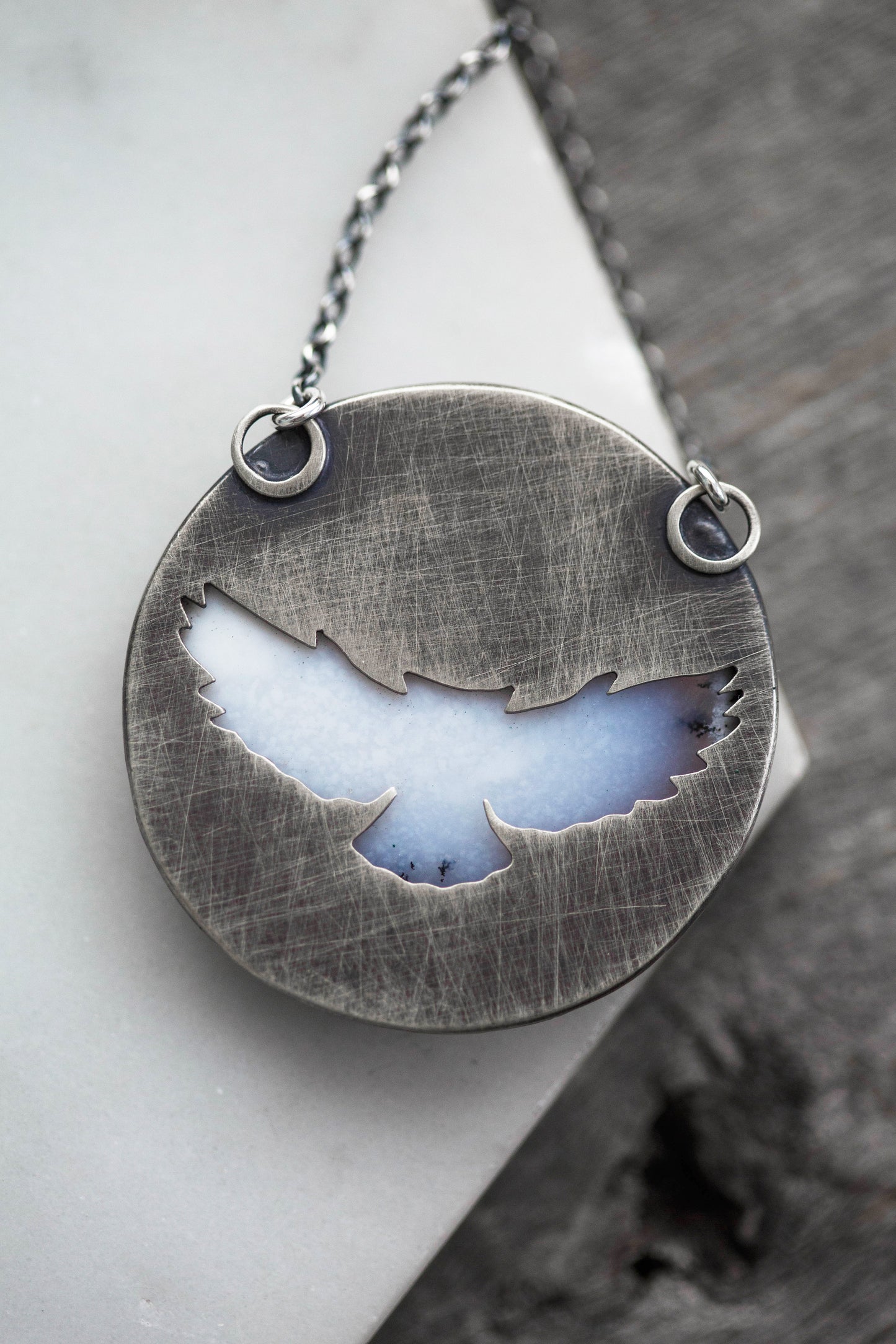 Large Winter Owl Necklace | Hammered Branch Border | #1