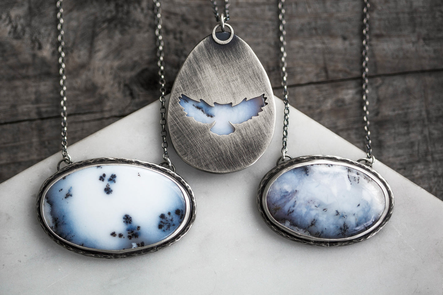 Large Winter Owl Necklace | Hammered Branch Border | #1