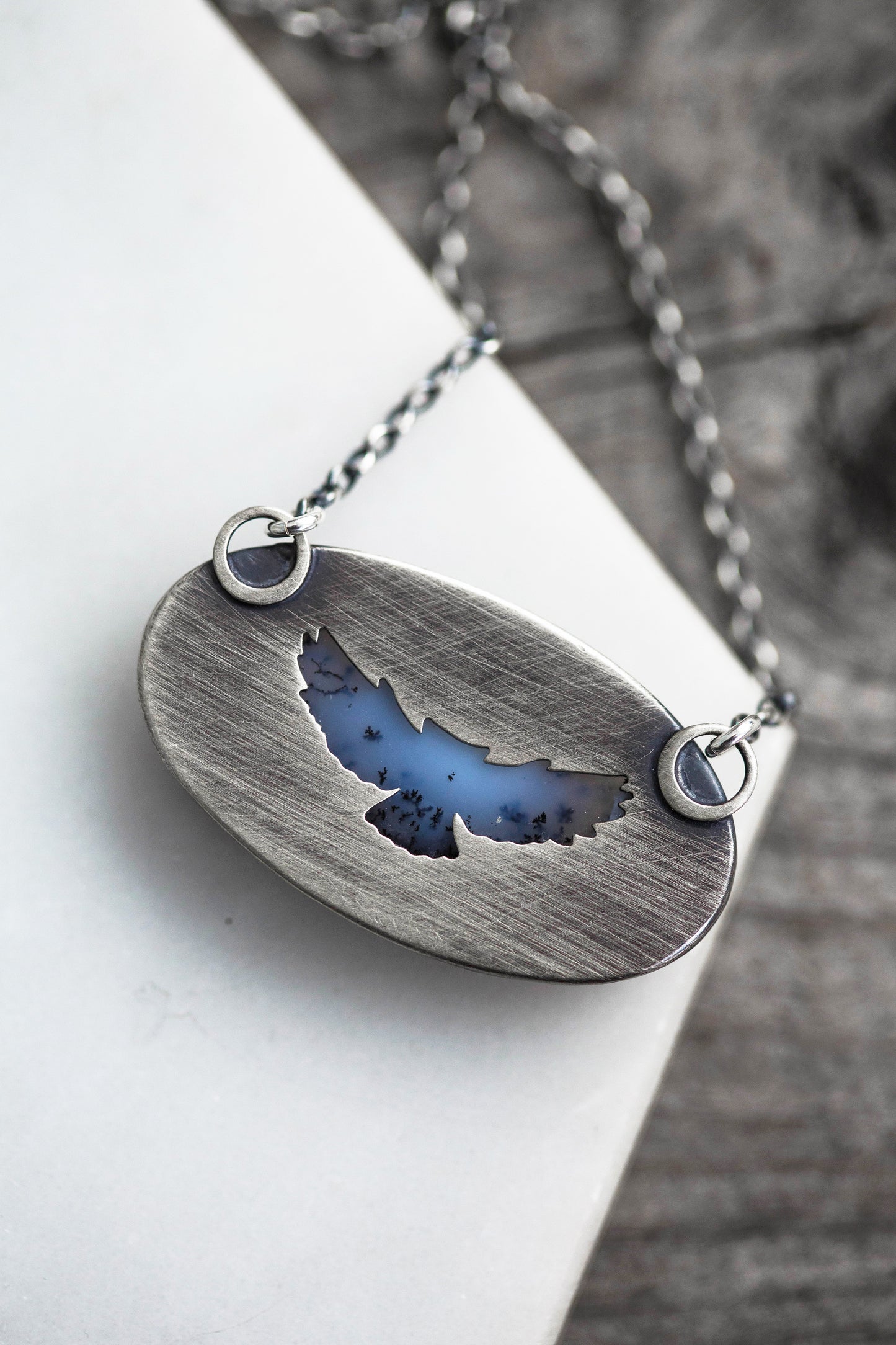 Small Winter Owl Necklace | Hammered Branch Border | #2