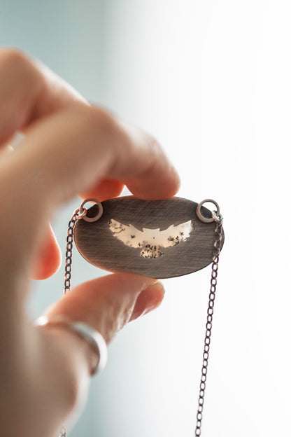 Small Winter Owl Necklace | Hammered Branch Border | #2