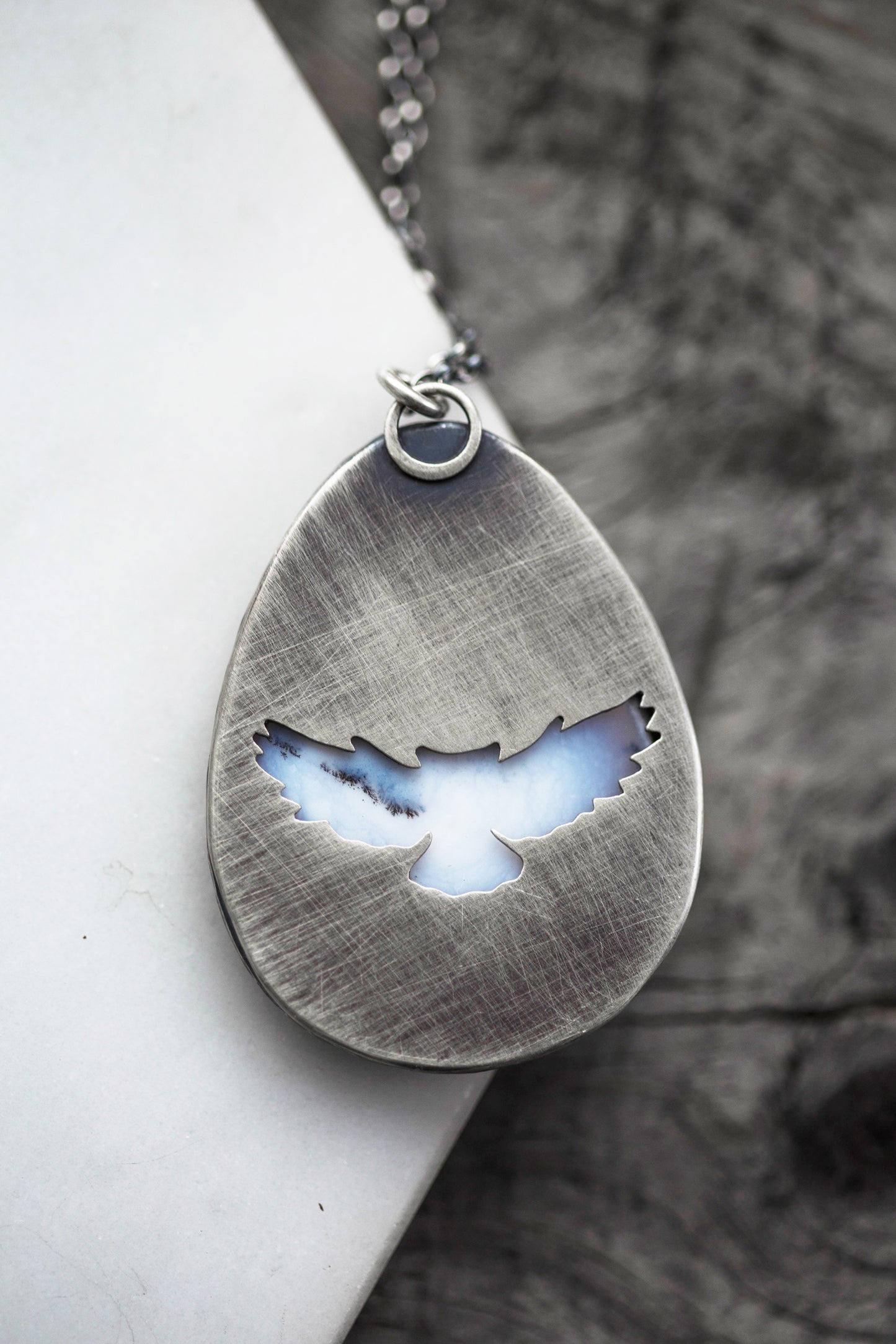 Large Winter Owl Necklace | Hammered Branch Border | #5