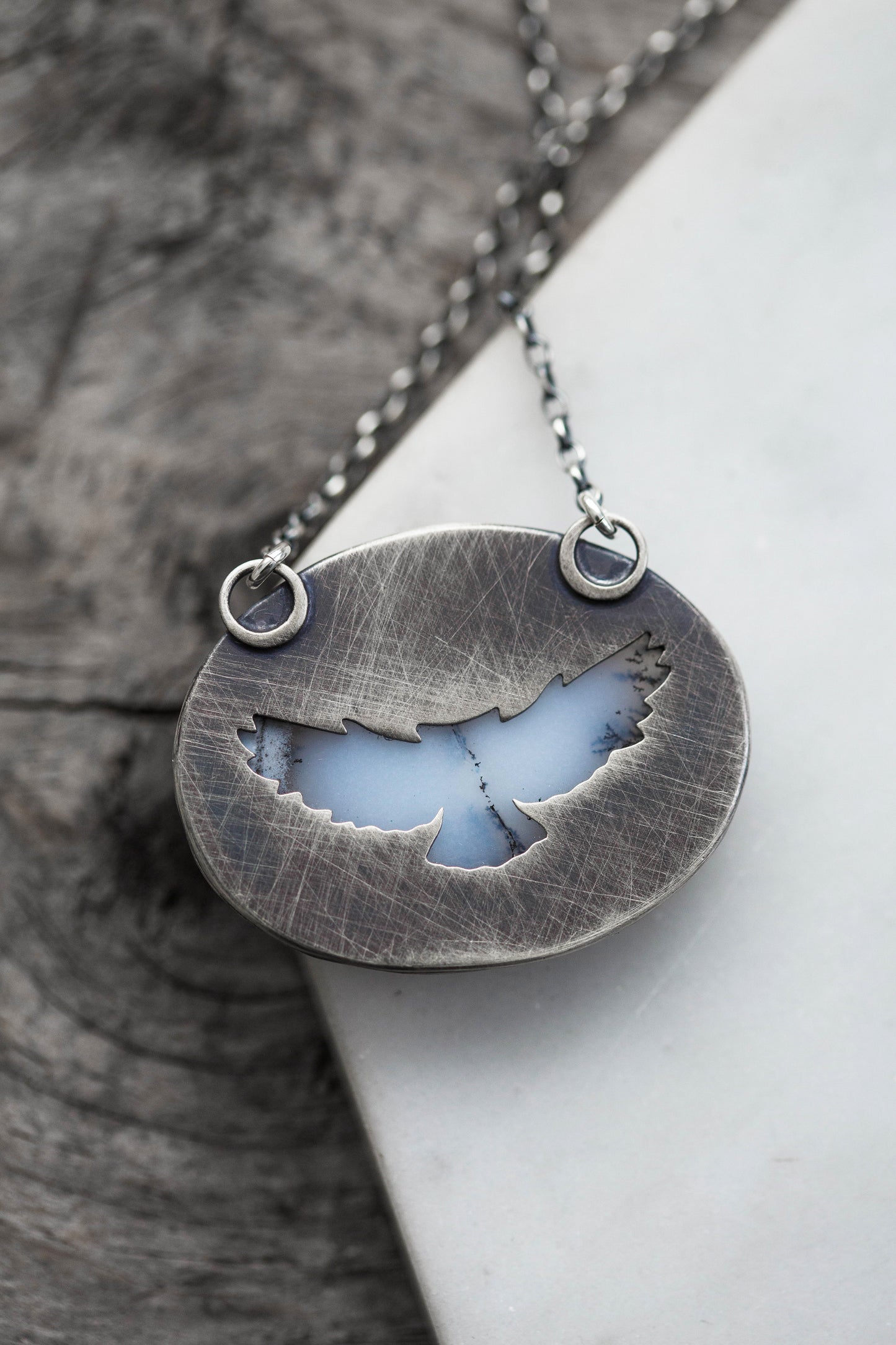 Small Winter Owl Necklace | Hammered Branch Border | #6