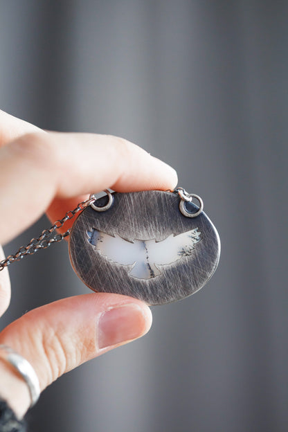 Small Winter Owl Necklace | Hammered Branch Border | #6