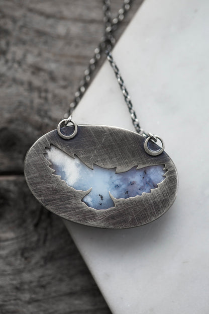 Medium Winter Owl Necklace | Hammered Branch Border | #8