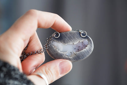 Medium Winter Owl Necklace | Hammered Branch Border | #8