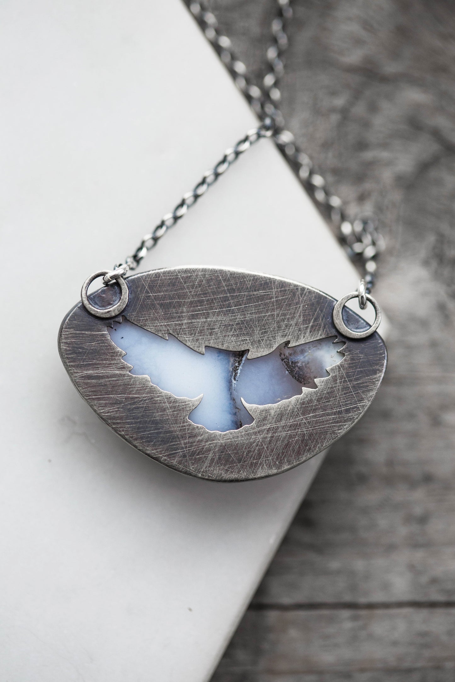 Small Winter Owl Necklace | Hammered Branch Border | #9