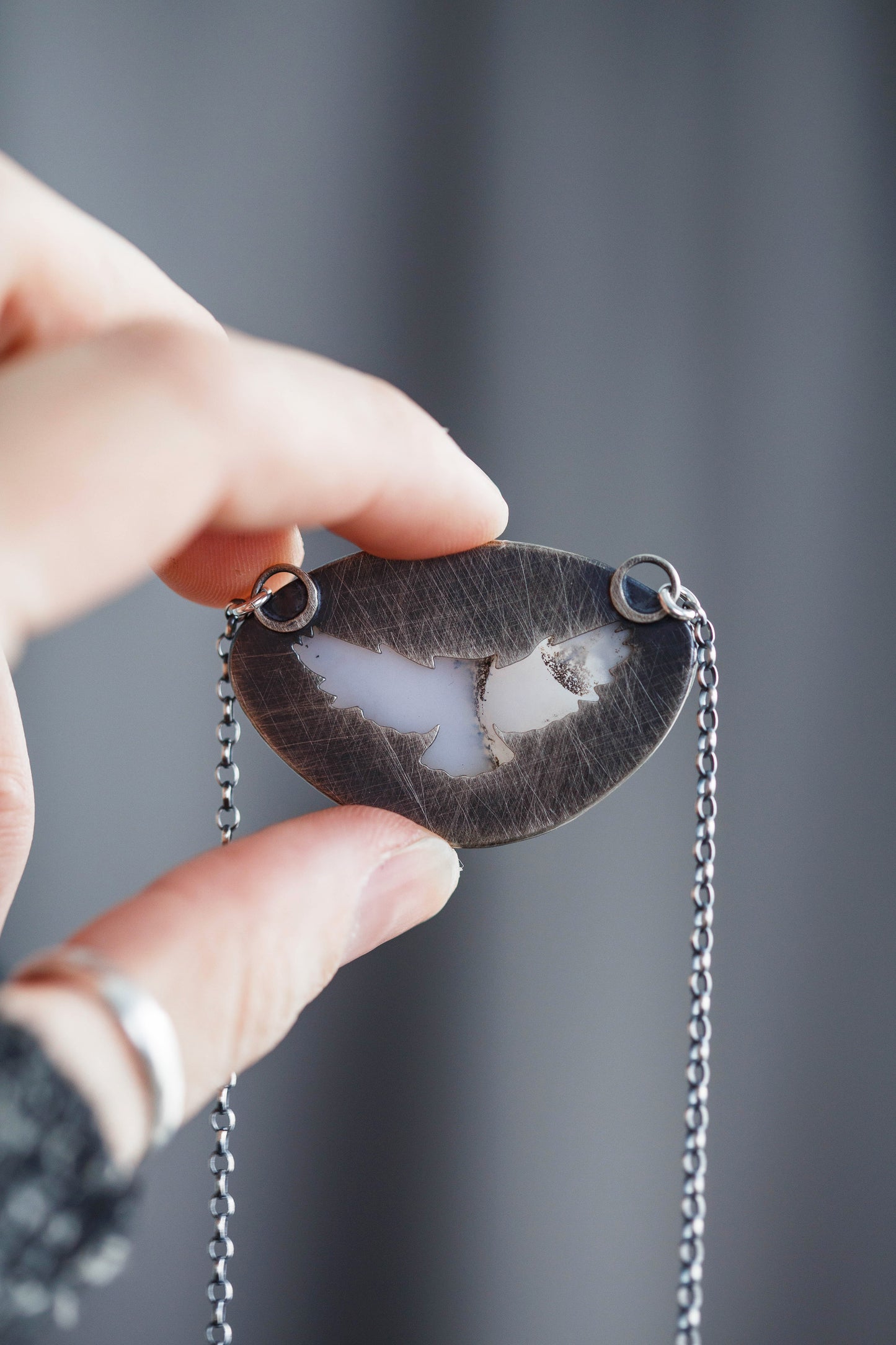 Small Winter Owl Necklace | Hammered Branch Border | #9