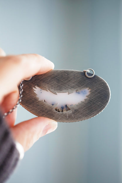 Large Winter Owl Necklace | Beaded Stone Border | #2